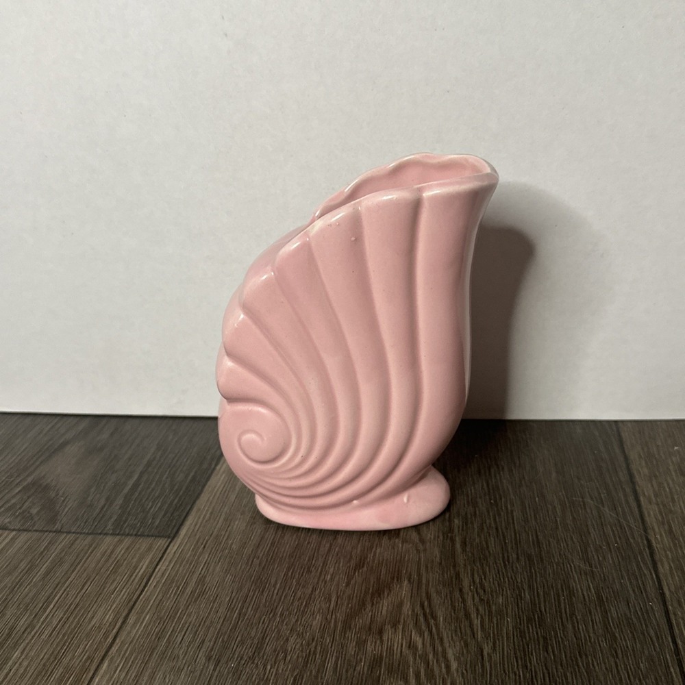 Vtg Pottery Vase Planter Pink Cornucopia Nautilus Shell MCM Art Deco USA